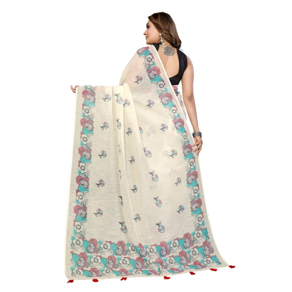 Women's Linen Cotton Printed Saree With Unstitched Blouse 5.5Mtr (Off White) - Image 3