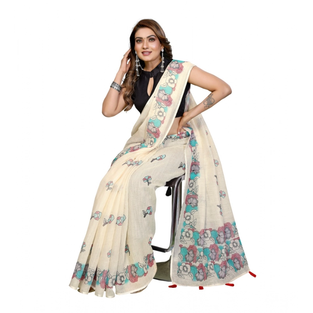 Women's Linen Cotton Printed Saree With Unstitched Blouse 5.5Mtr (Off White) - Image 4