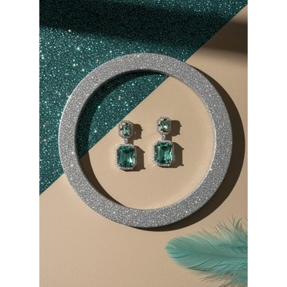 Women's Brass Silver Plated Drop Earrings (Green) - Image 4