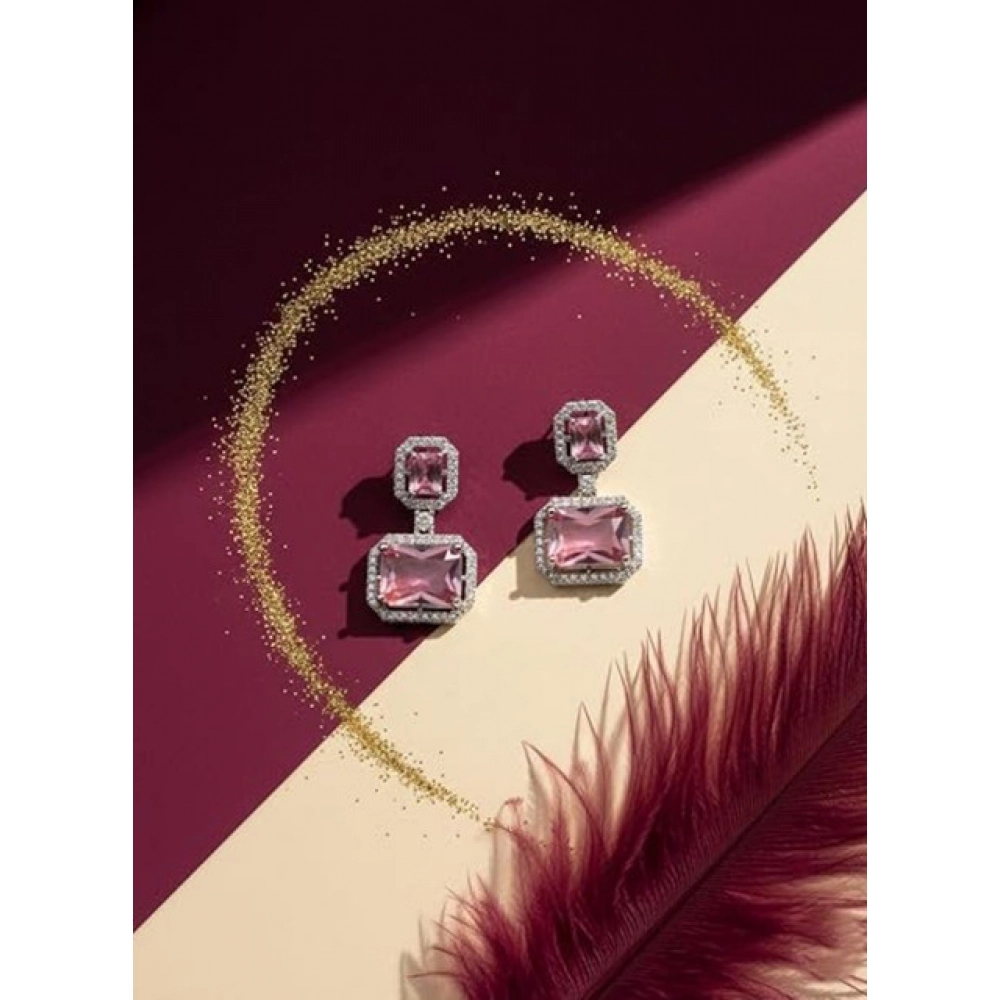 Women's Brass Silver Plated Drop Earrings (Pink) - Image 5