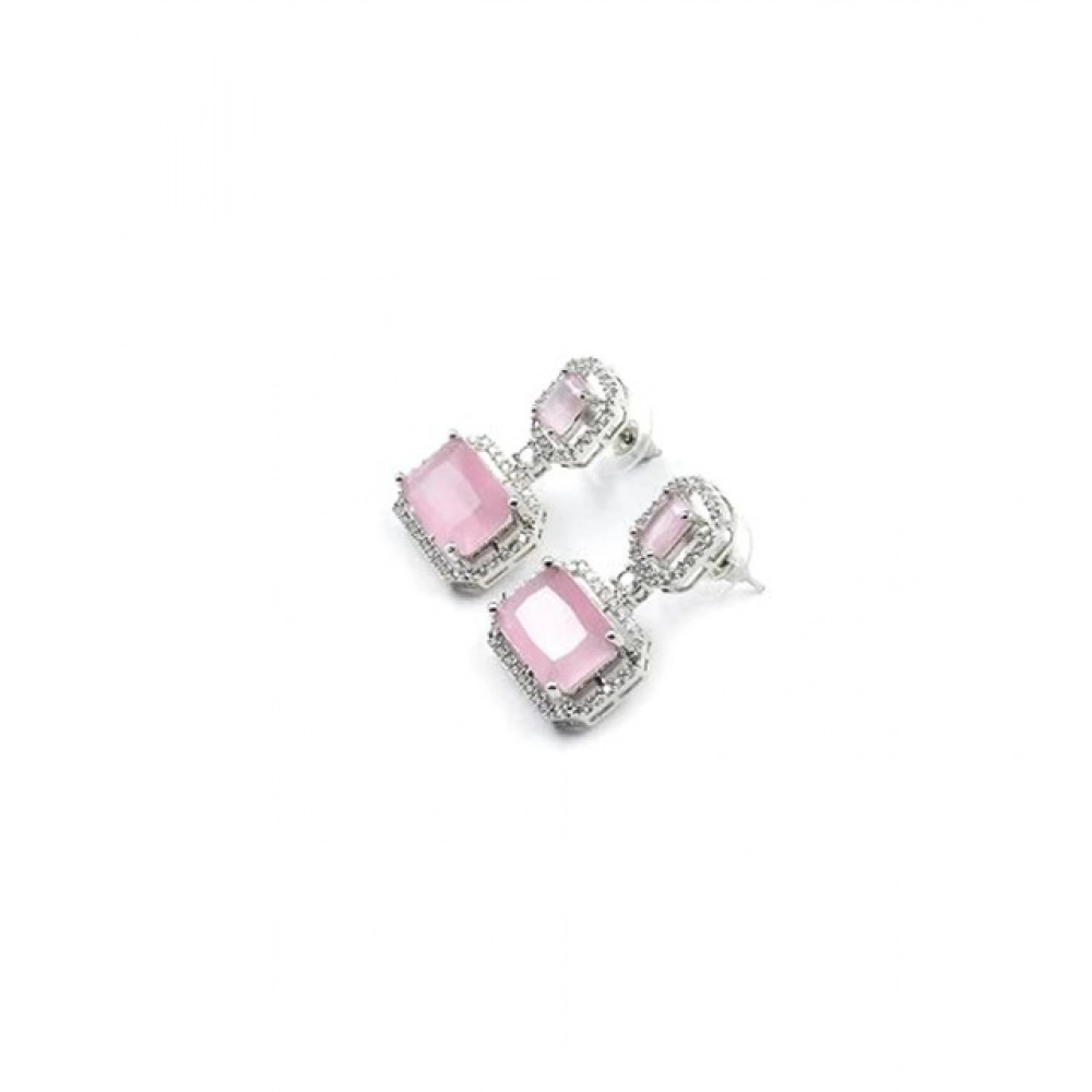 Women's Brass Silver Plated Drop Earrings (Pink) - Image 2