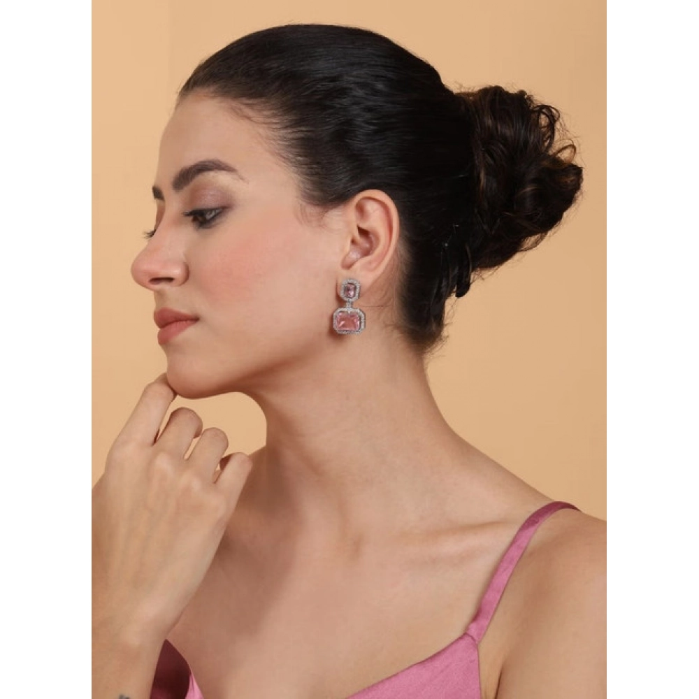 Women's Brass Silver Plated Drop Earrings (Pink) - Image 5
