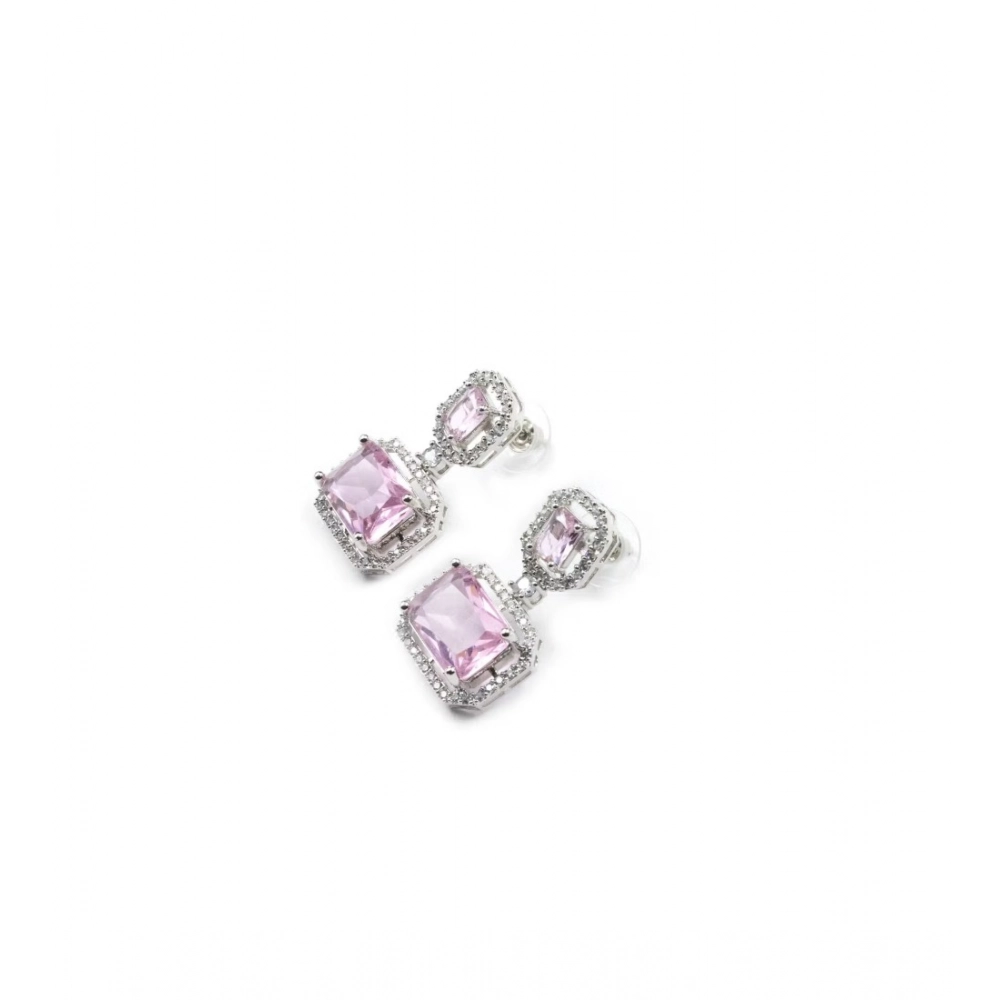 Women's Brass Silver Plated Drop Earrings (Pink) - Image 2