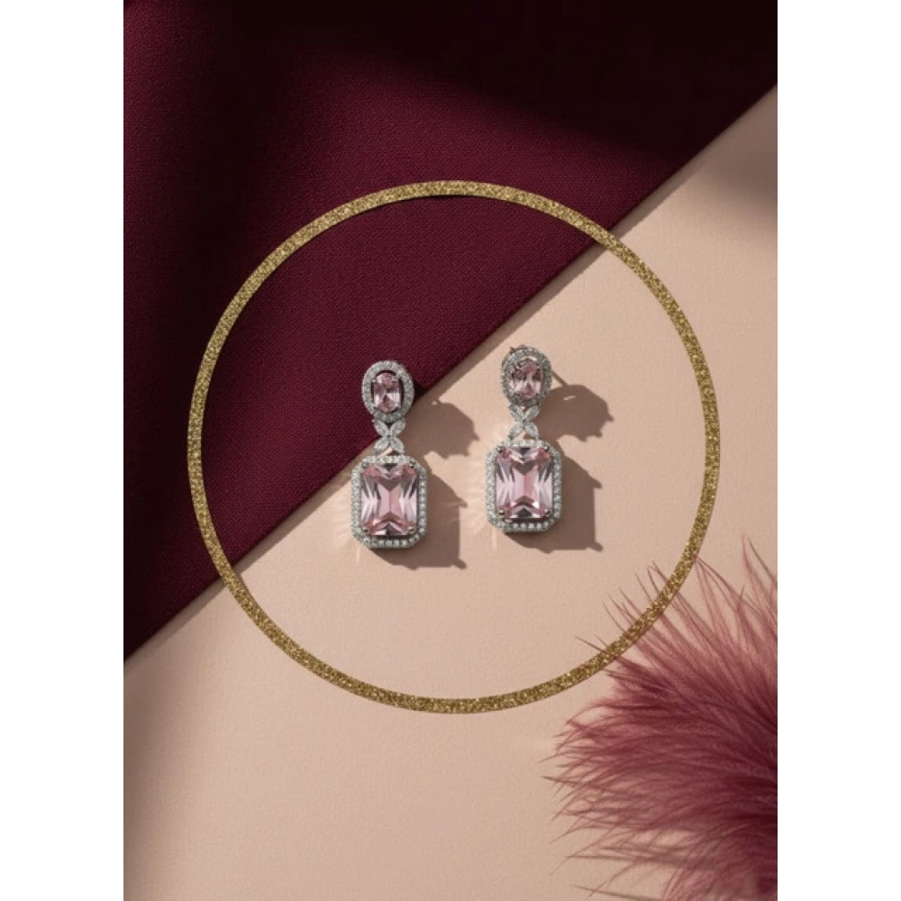 Women's Brass Silver Plated Drop Earrings (Pink) - Image 3