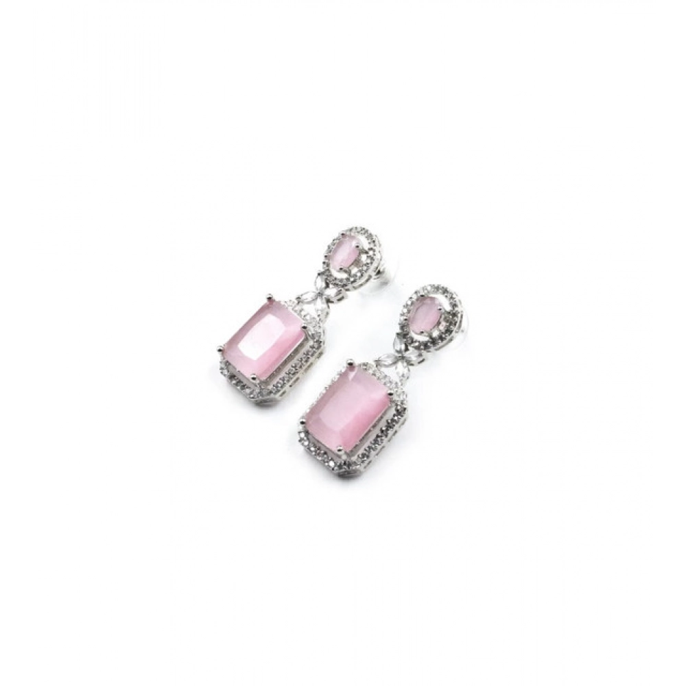 Women's Brass Silver Plated Drop Earrings (Pink) - Image 2