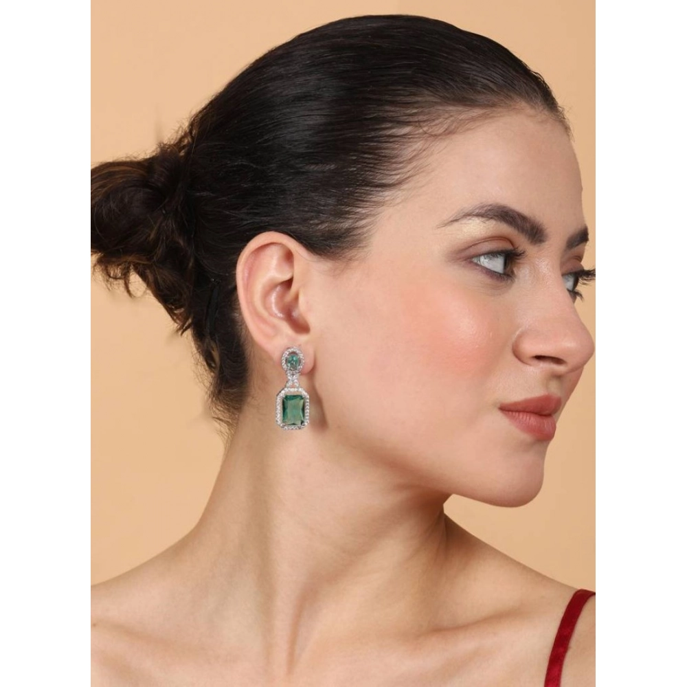 Women's Brass Silver Plated Drop Earrings (Green) - Image 3