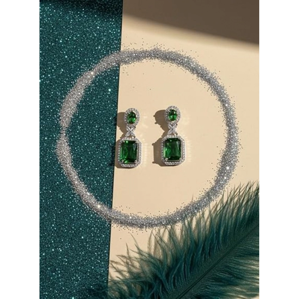 Women's Brass Silver Plated Drop Earrings (Green) - Image 4