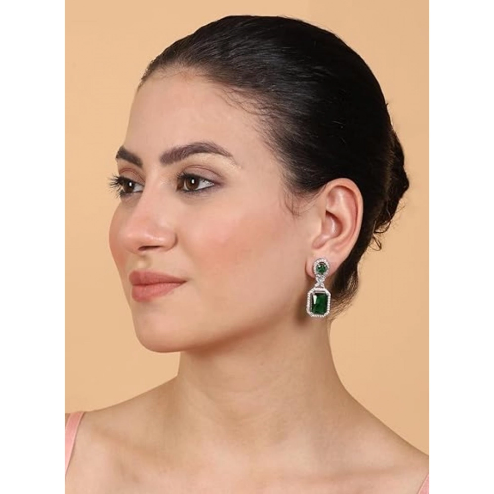 Women's Brass Silver Plated Drop Earrings (Green) - Image 3