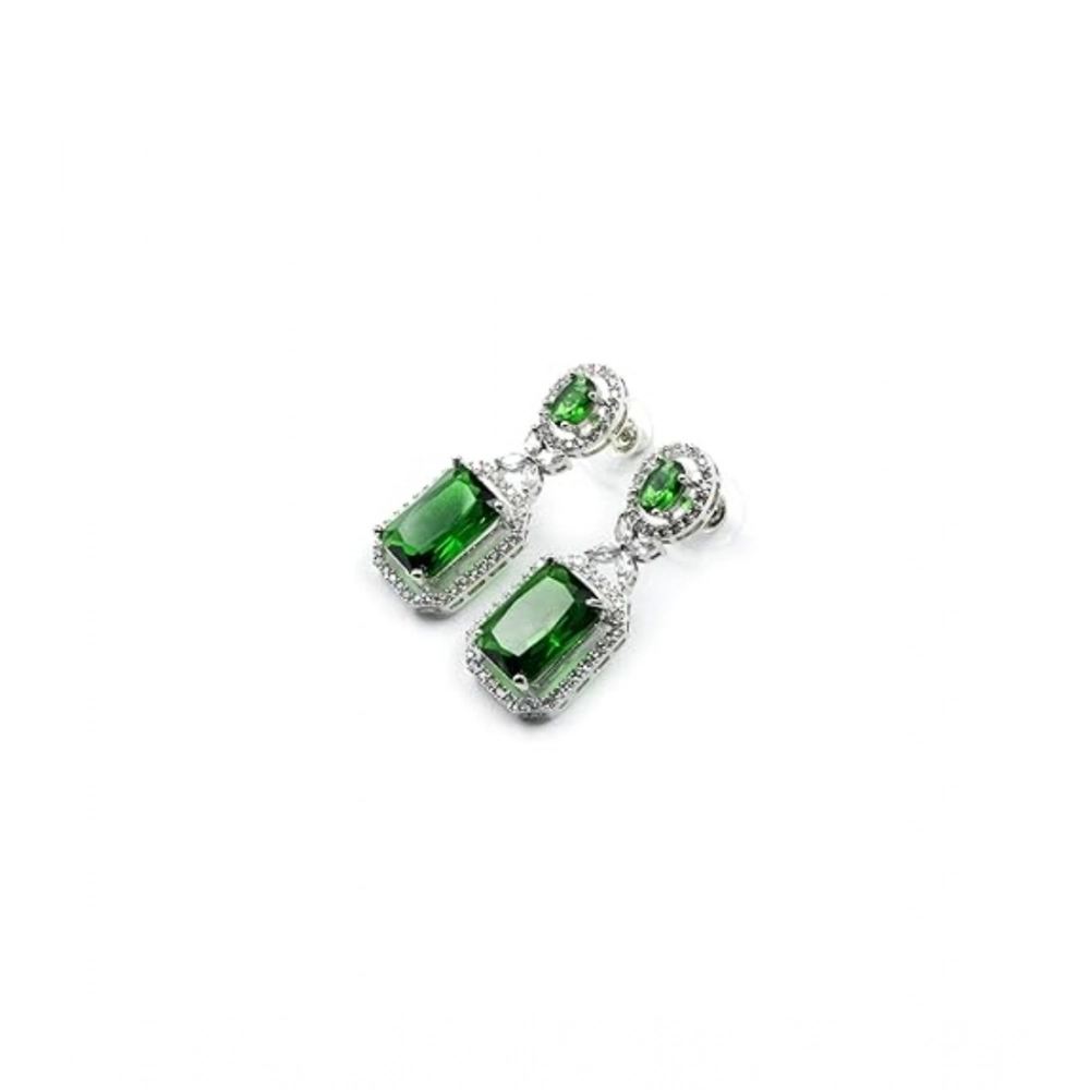 Women's Brass Silver Plated Drop Earrings (Green) - Image 2