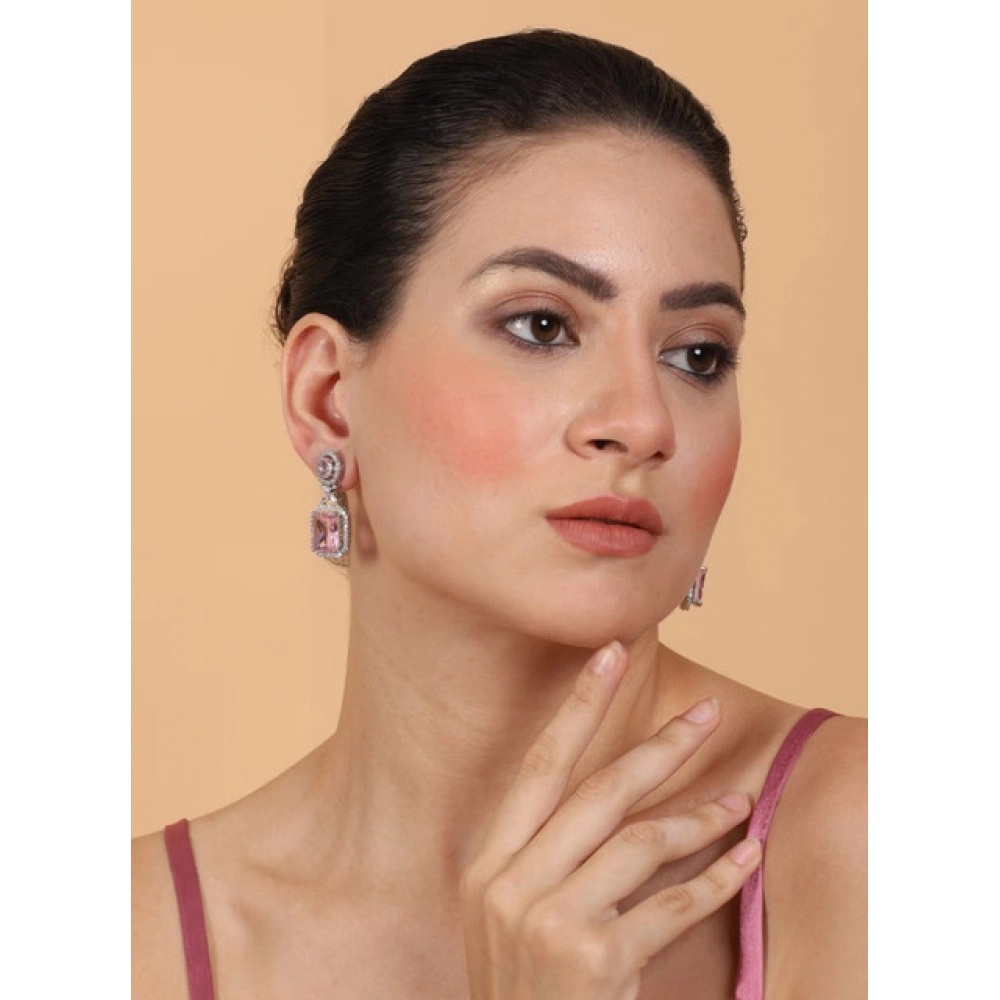 Women's Brass Silver Plated Drop Earrings (Pink) - Image 5