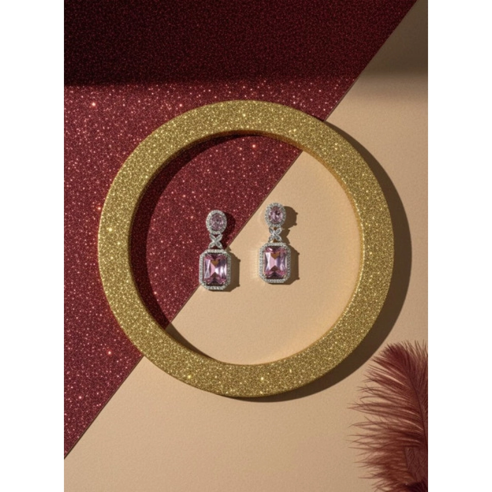 Women's Brass Silver Plated Drop Earrings (Pink) - Image 3