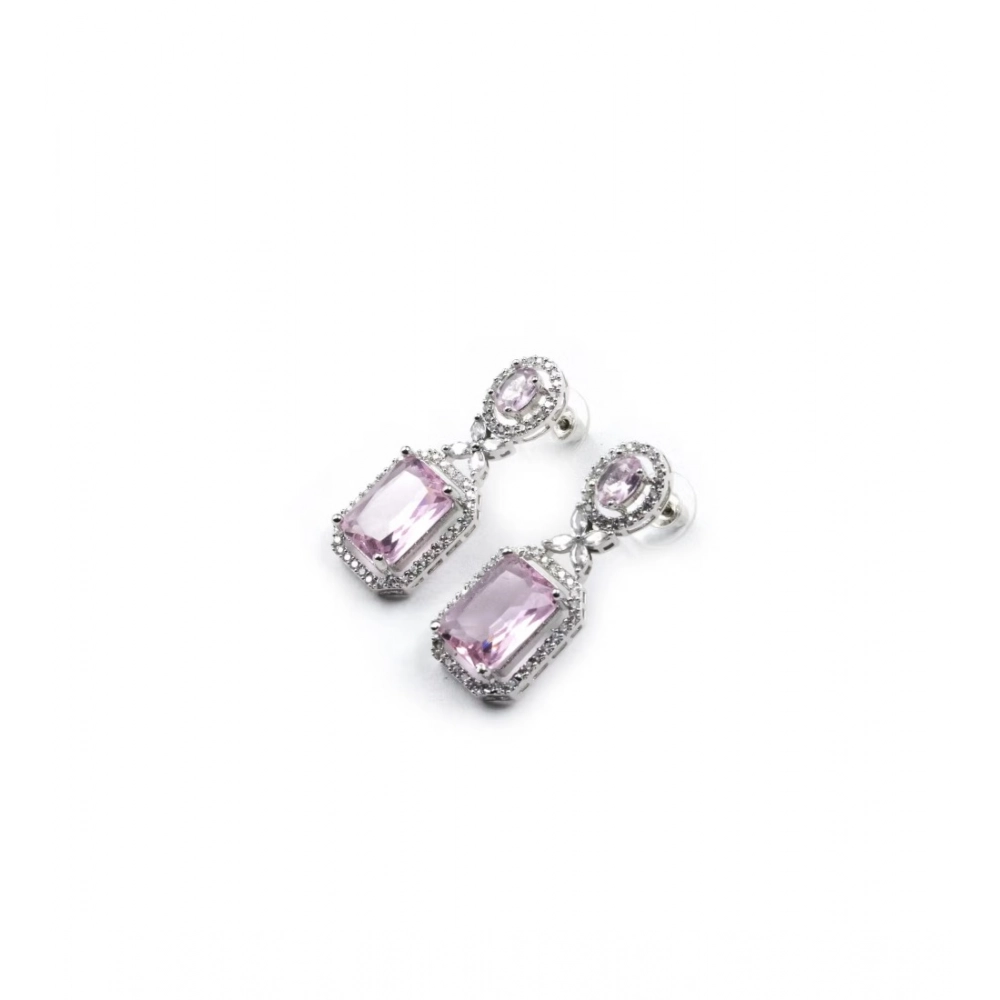 Women's Brass Silver Plated Drop Earrings (Pink) - Image 2