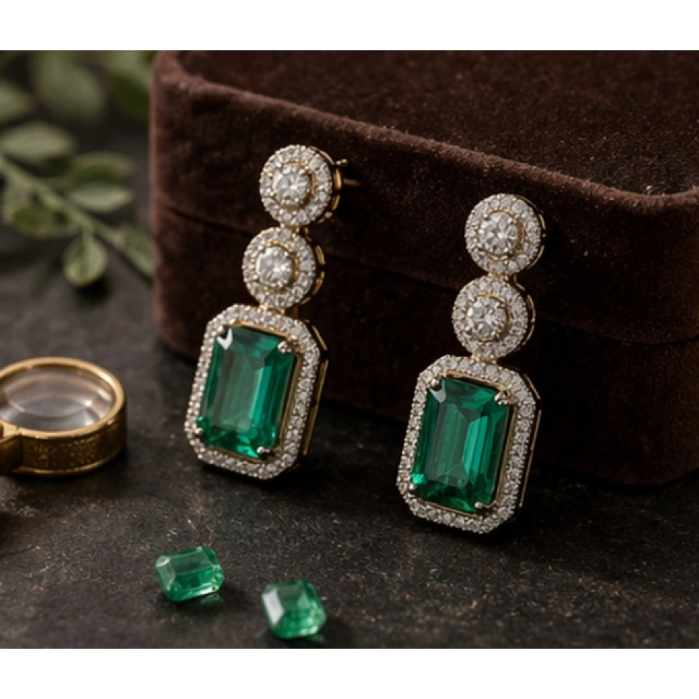 Women's Brass Silver Plated Drop Earrings (Green) - Image 3