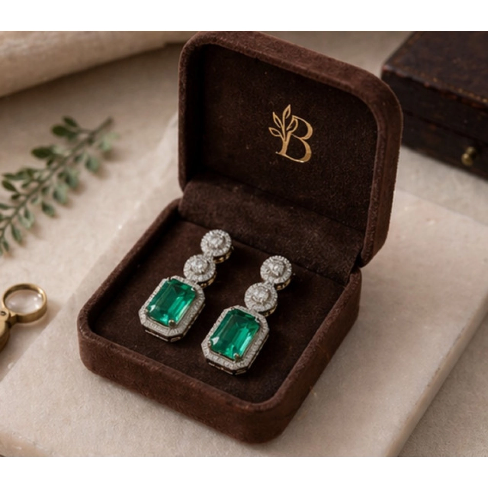 Women's Brass Silver Plated Drop Earrings (Green) - Image 2