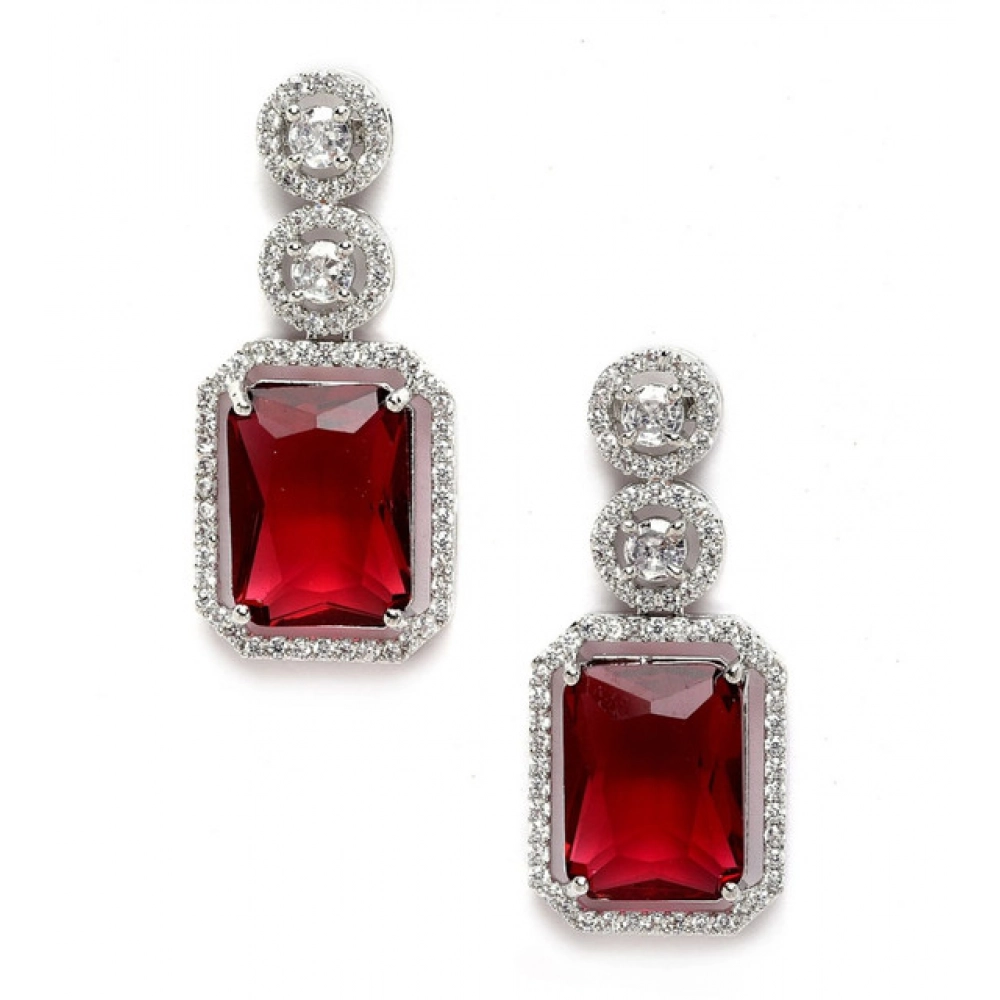 Women's Brass Silver Plated Drop Earrings (Red) - Image 4