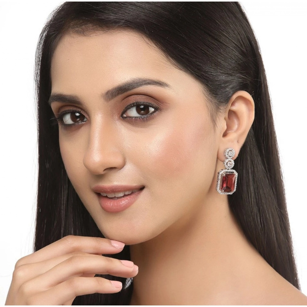 Women's Brass Silver Plated Drop Earrings (Red) - Image 3