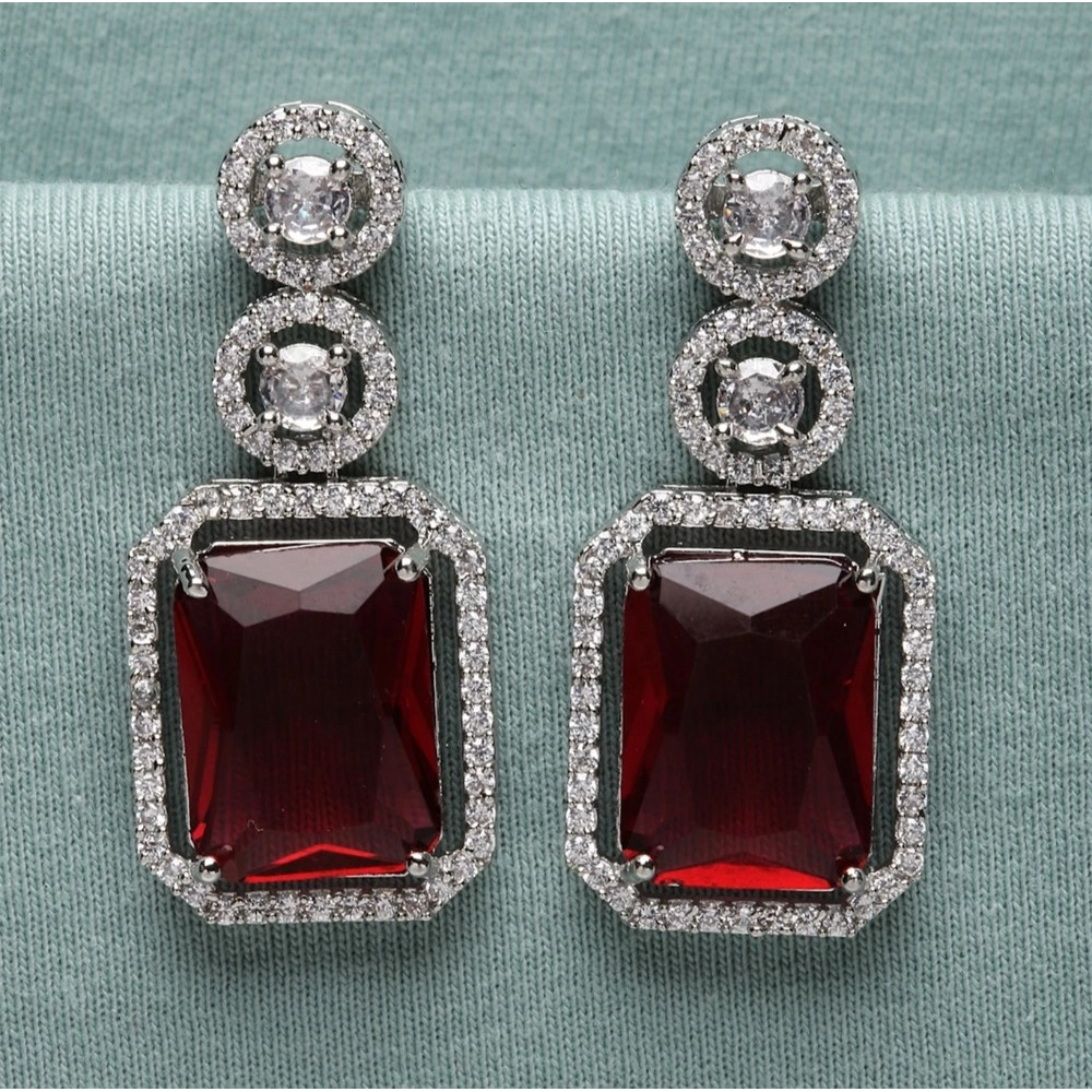 Women's Brass Silver Plated Drop Earrings (Red) - Image 2