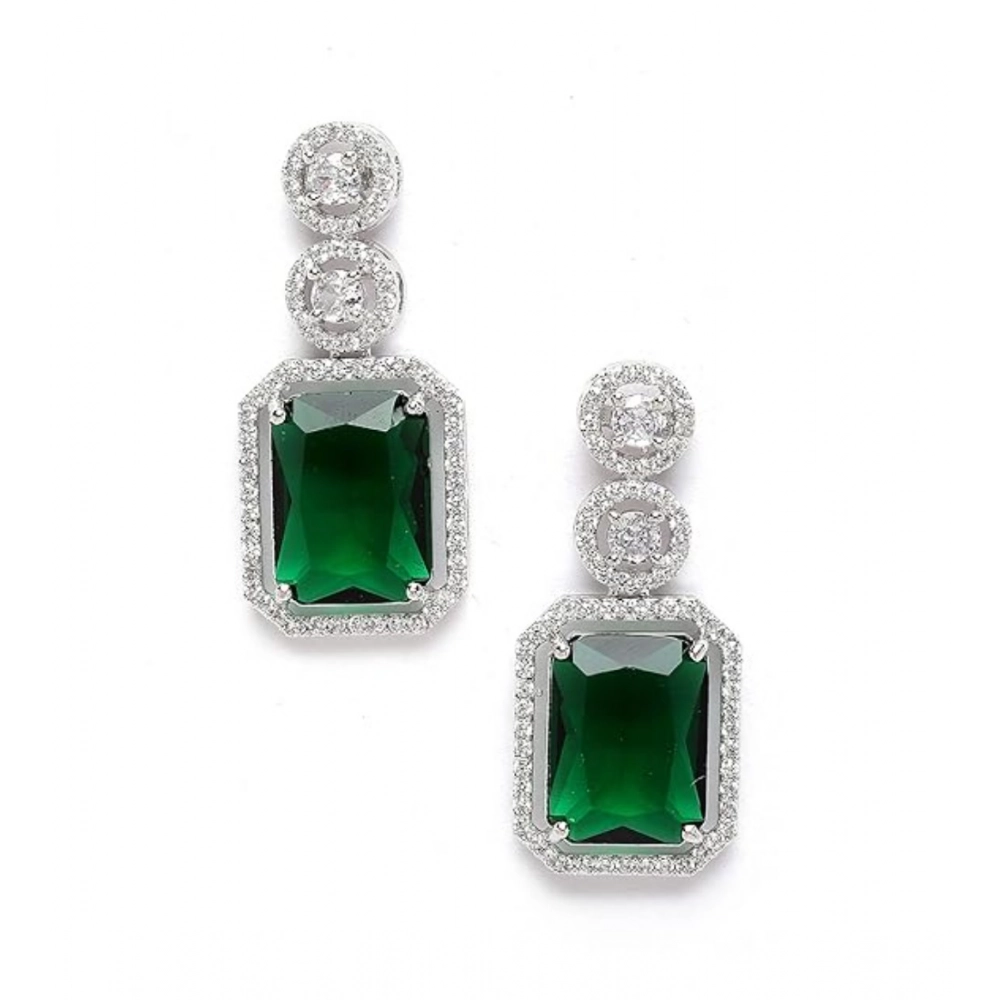 Women's Brass Silver Plated Drop Earrings (Green) - Image 3