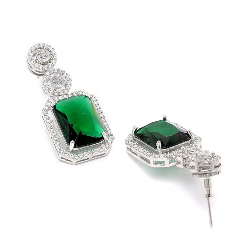 Women's Brass Silver Plated Drop Earrings (Green) - Image 2