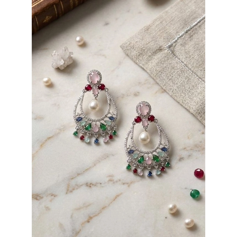 Women's Brass Silver Plated Chandbali Earrings (Multicolor)
