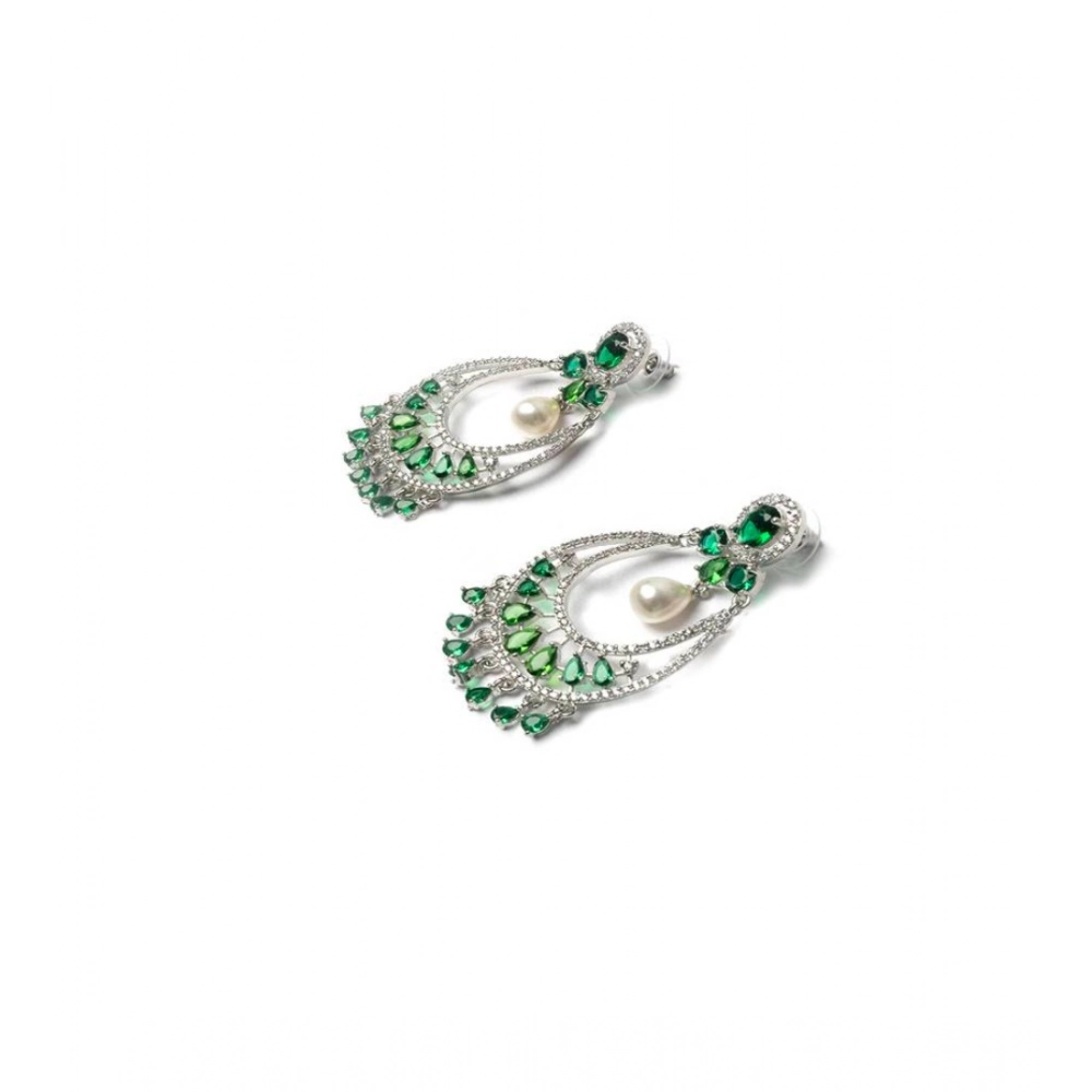 Women's Brass Silver Plated Chandbali Earrings (Green) - Image 2