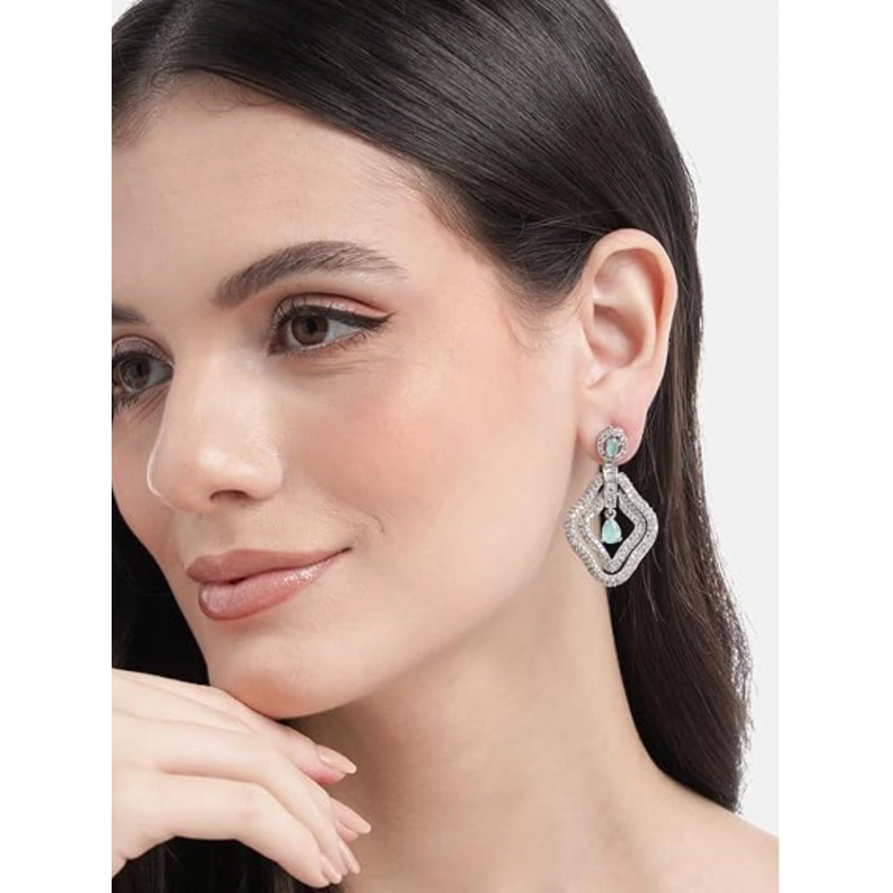 Women's Brass Silver Plated Drop Earrings (Turquoise) - Image 4