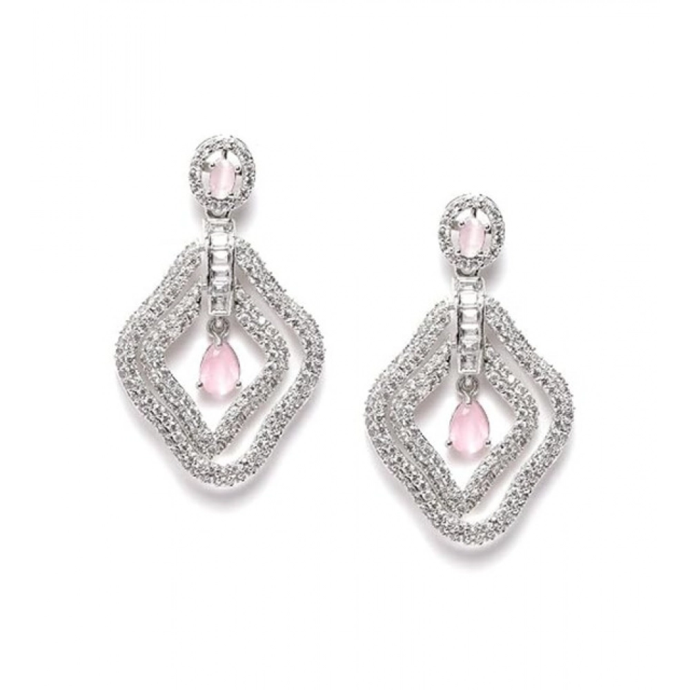 Women's Brass Silver Plated Drop Earrings (Pink) - Image 5