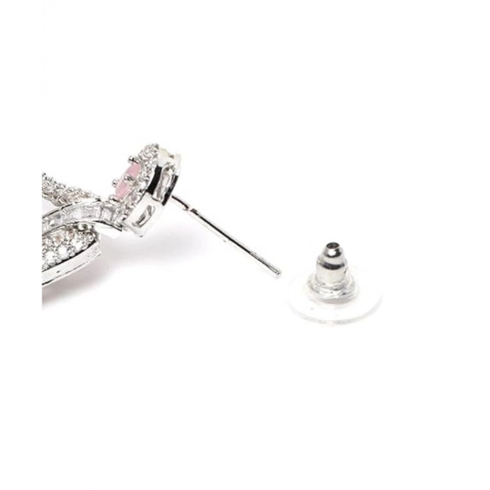 Women's Brass Silver Plated Drop Earrings (Pink) - Image 2