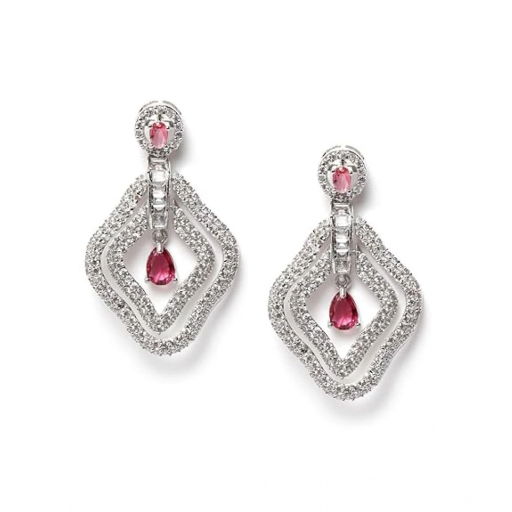 Women's Brass Silver Plated Drop Earrings (Red) - Image 5