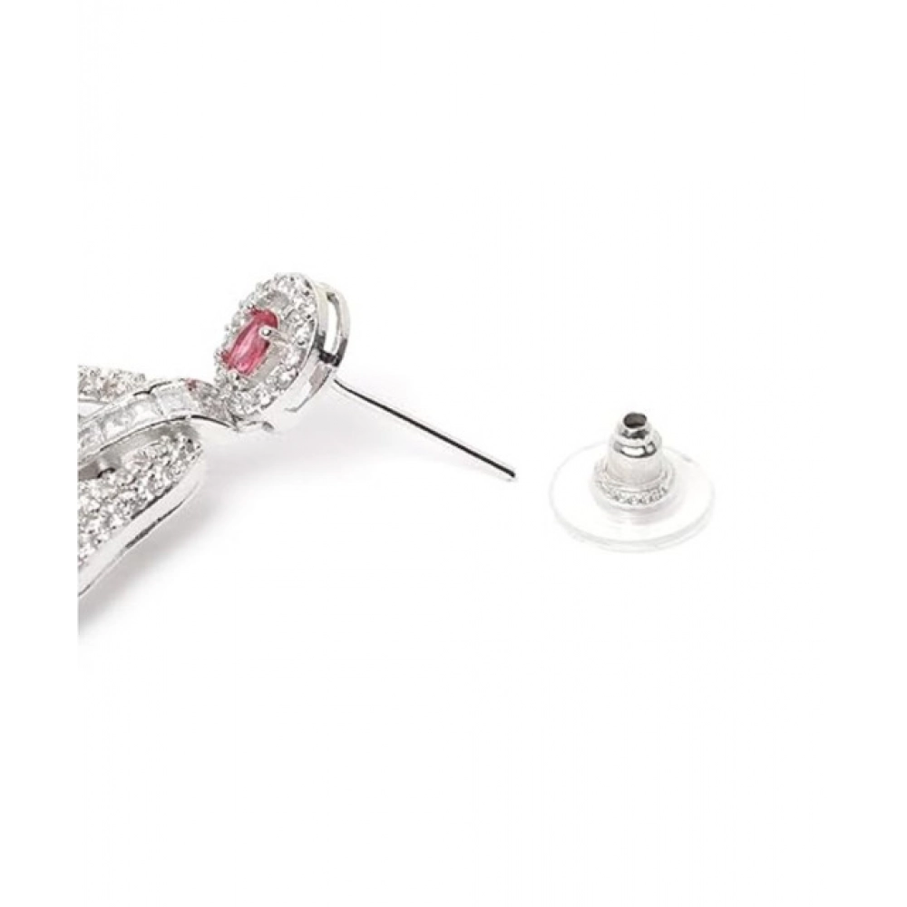 Women's Brass Silver Plated Drop Earrings (Red) - Image 2