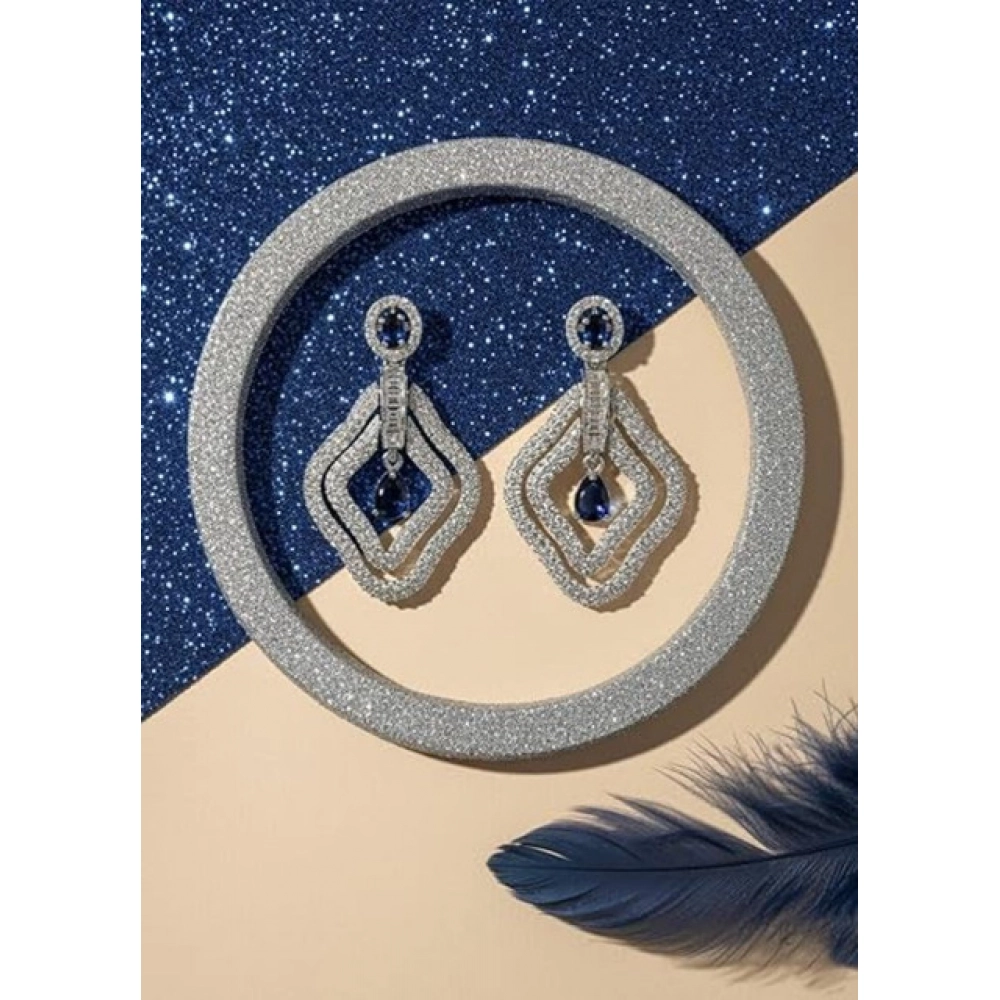 Women's Brass Silver Plated Drop Earrings (Blue) - Image 4