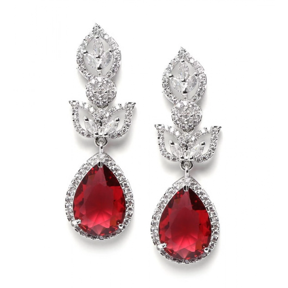 Women's Brass Silver Plated Drop Earrings (Red) - Image 5