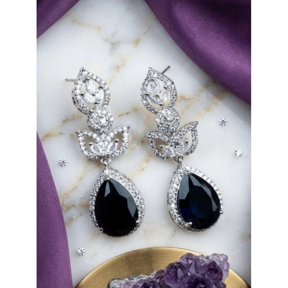 Women's Brass Silver Plated Drop Earrings (Blue)