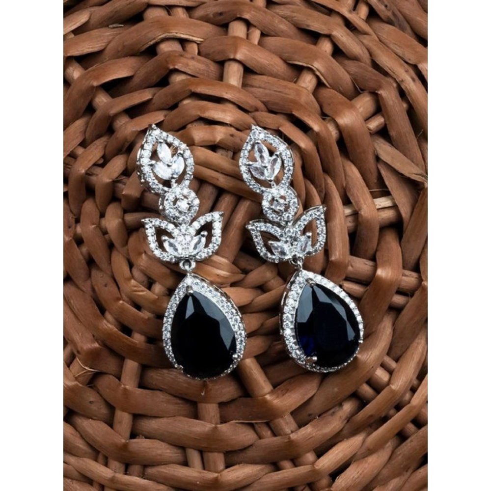 Women's Brass Silver Plated Drop Earrings (Blue) - Image 4
