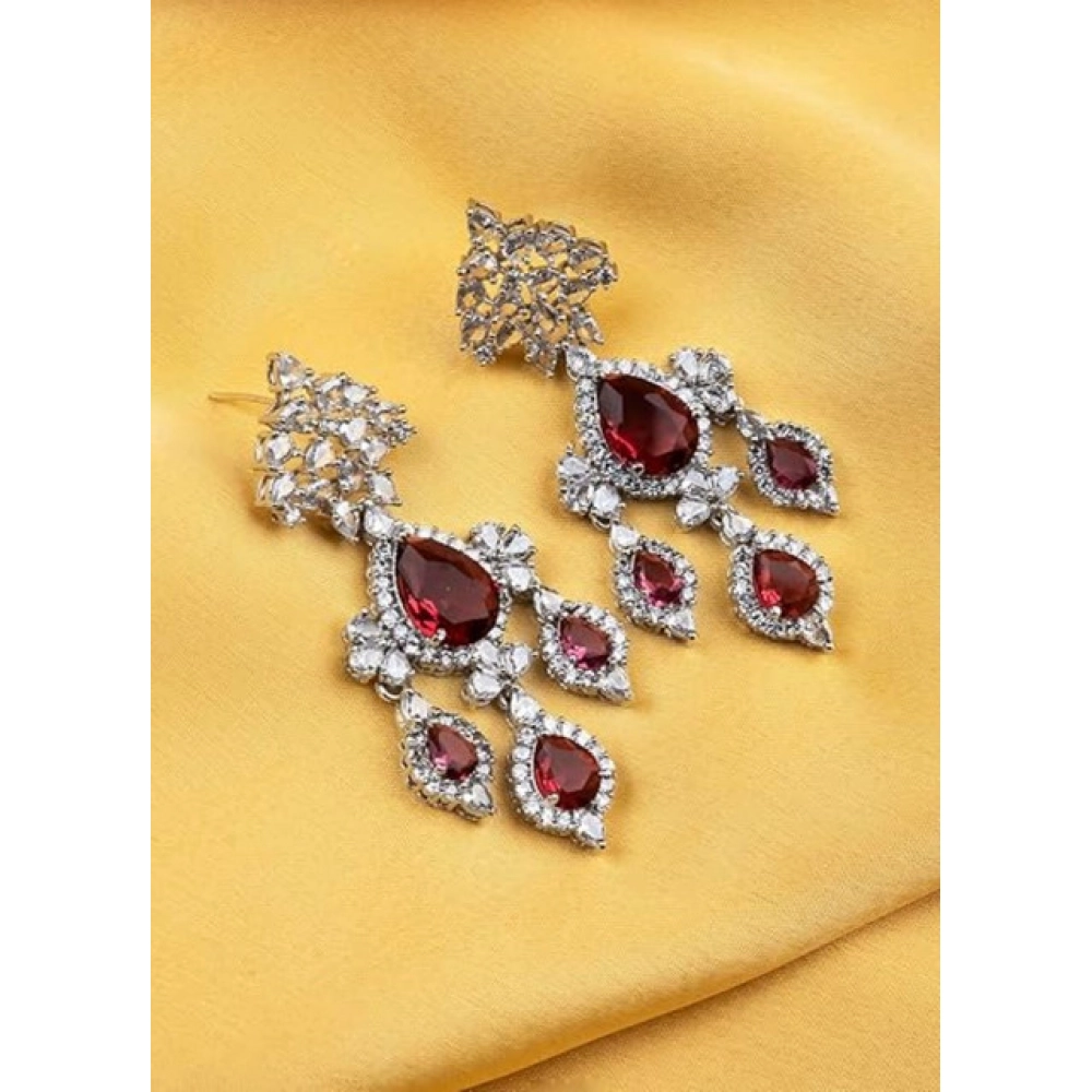 Women's Brass Silver Plated Drop Earrings (Red) - Image 3