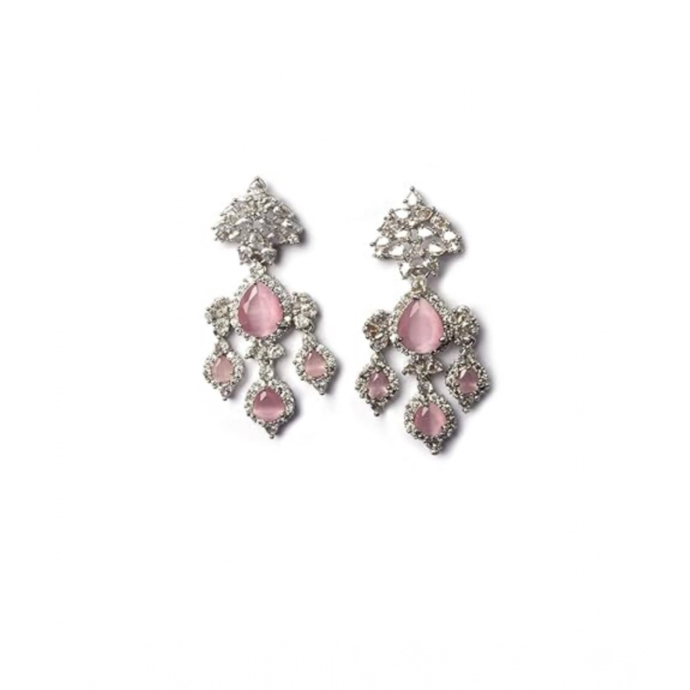 Women's Brass Silver Plated Drop Earrings (Pink) - Image 5