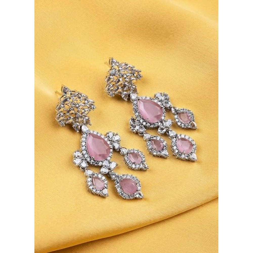 Women's Brass Silver Plated Drop Earrings (Pink) - Image 4