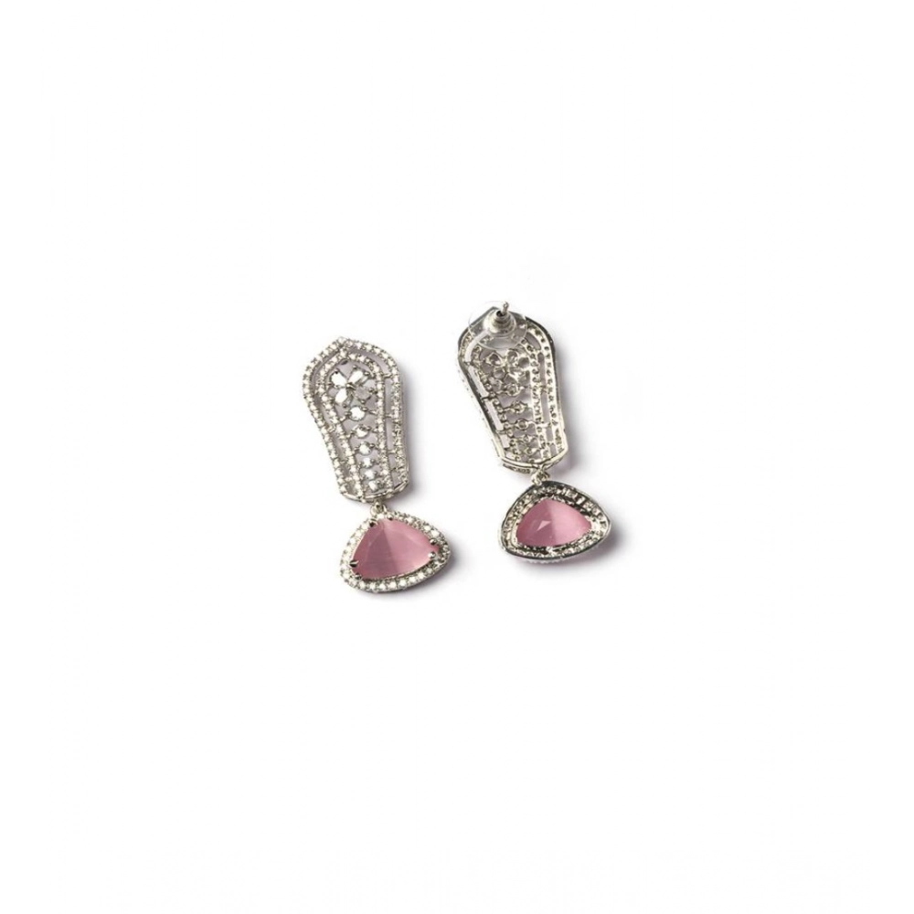 Women's Brass Silver Plated Drop Earrings (Pink) - Image 5