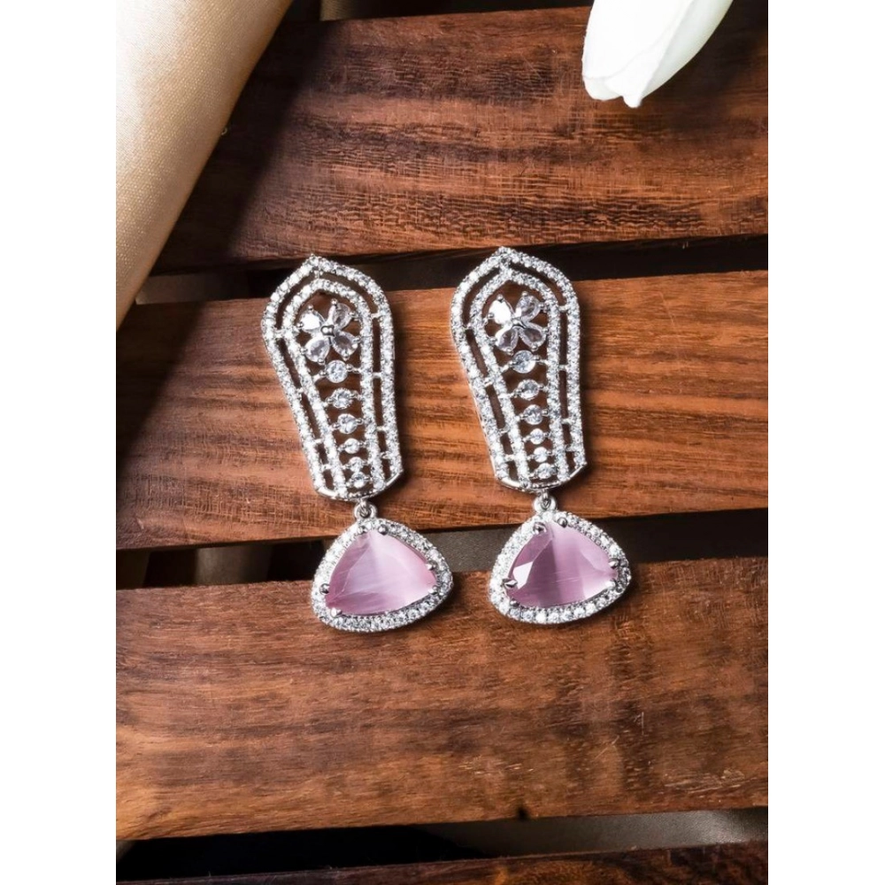 Women's Brass Silver Plated Drop Earrings (Pink) - Image 3