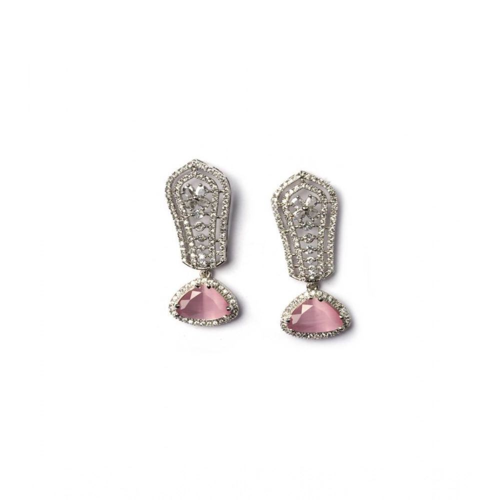 Women's Brass Silver Plated Drop Earrings (Pink) - Image 2