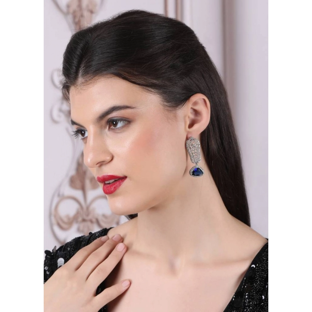 Women's Brass Silver Plated Drop Earrings (Blue) - Image 3