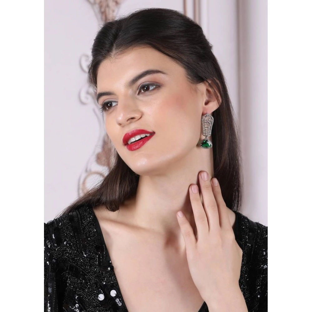 Women's Brass Silver Plated Drop Earrings (Green) - Image 3