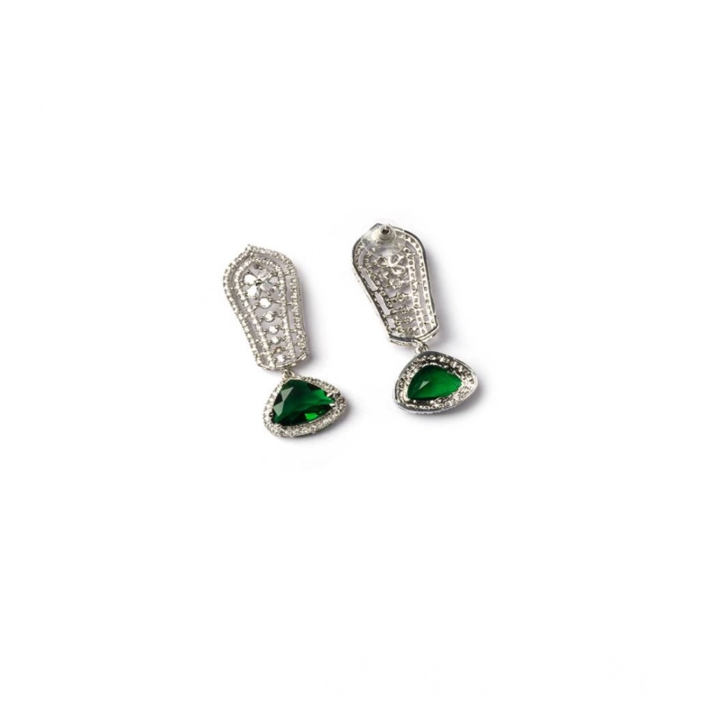 Women's Brass Silver Plated Drop Earrings (Green) - Image 2