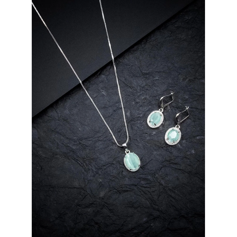Women's Brass Silver Plated Pendant Set (Turquoise) - Image 4