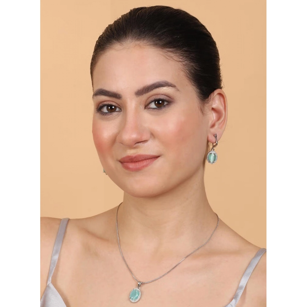 Women's Brass Silver Plated Pendant Set (Turquoise) - Image 3