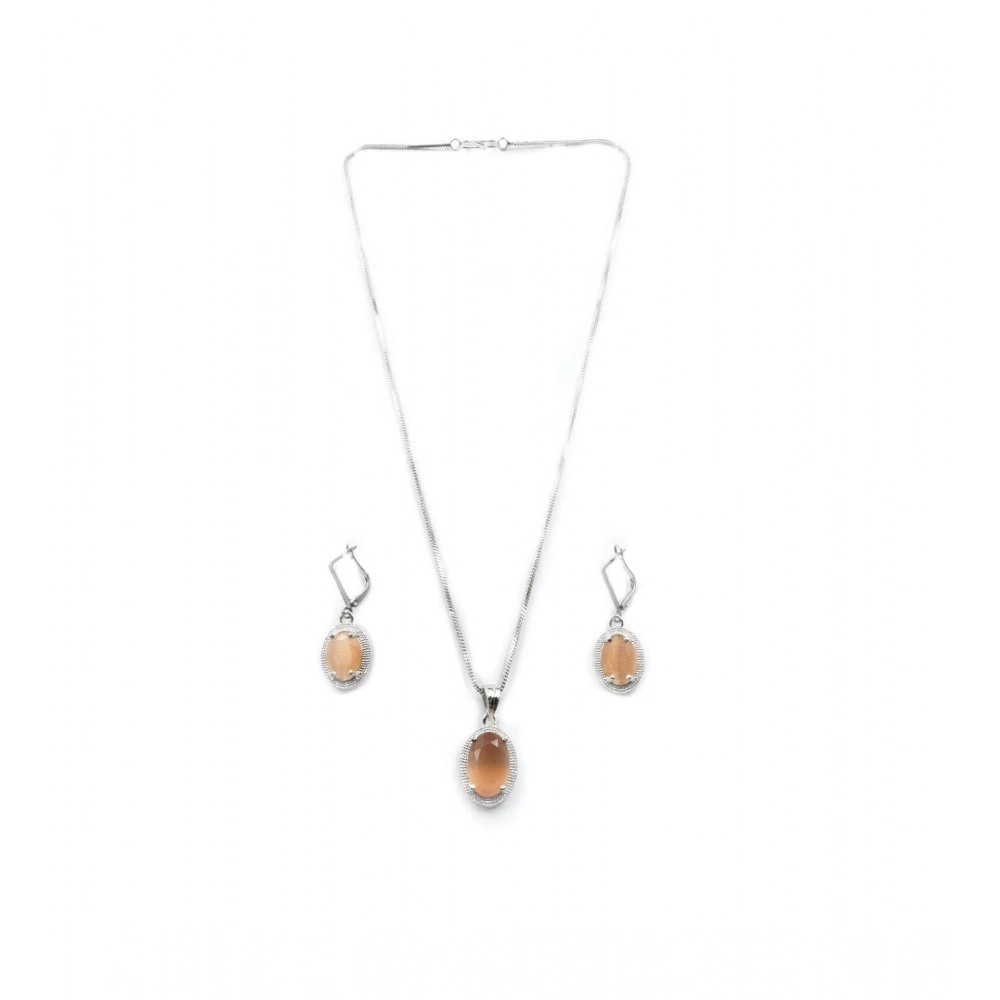 Women's Brass Silver Plated Pendant Set (Orange) - Image 5