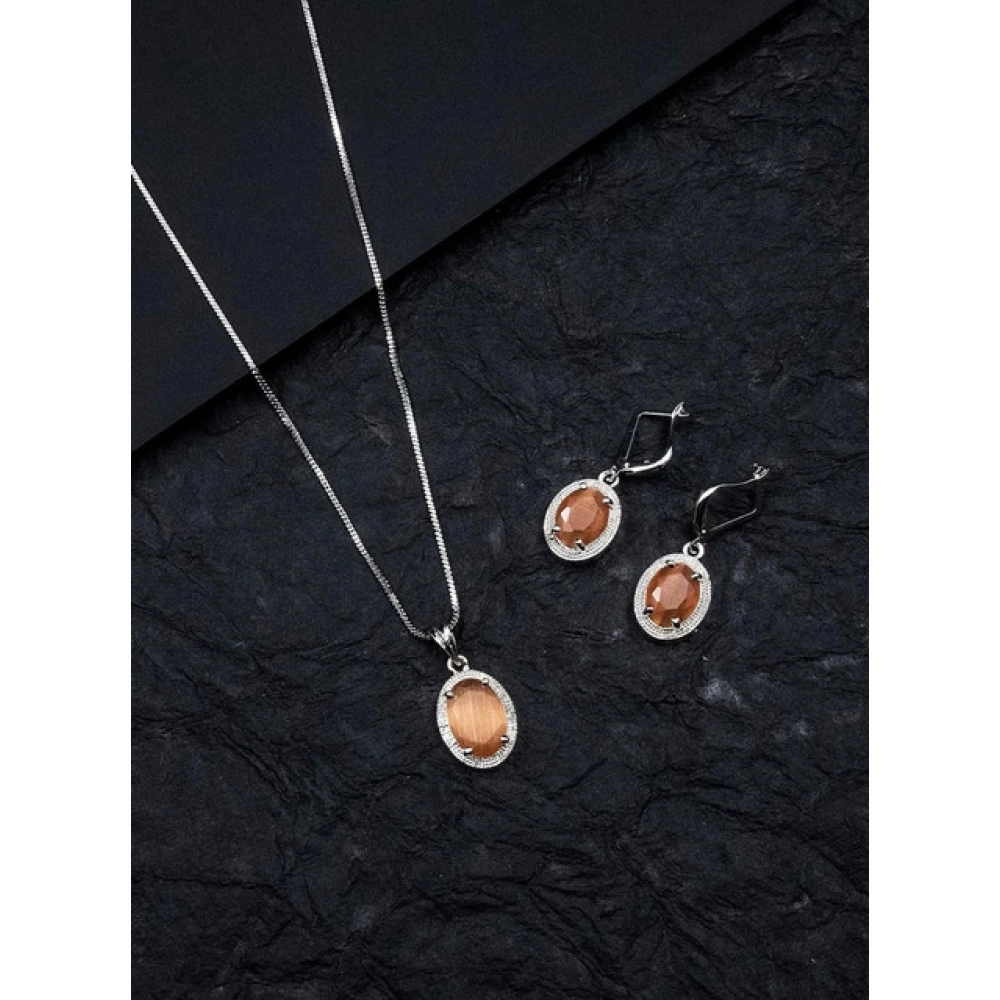 Women's Brass Silver Plated Pendant Set (Orange) - Image 4