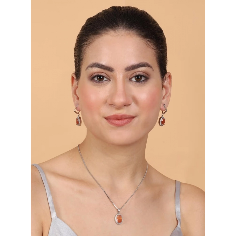 Women's Brass Silver Plated Pendant Set (Orange) - Image 3