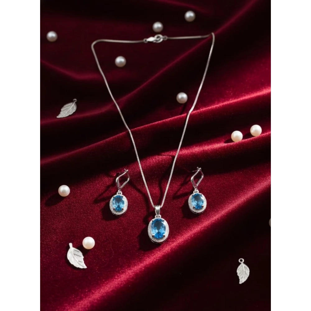 Women's Brass Silver Plated Pendant Set (Blue) - Image 4