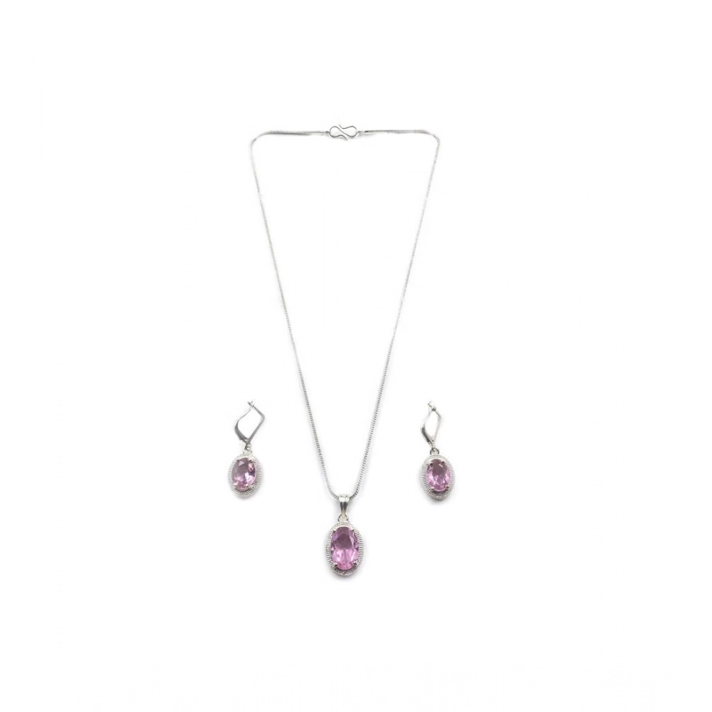 Women's Brass Silver Plated Pendant Set (Pink) - Image 5
